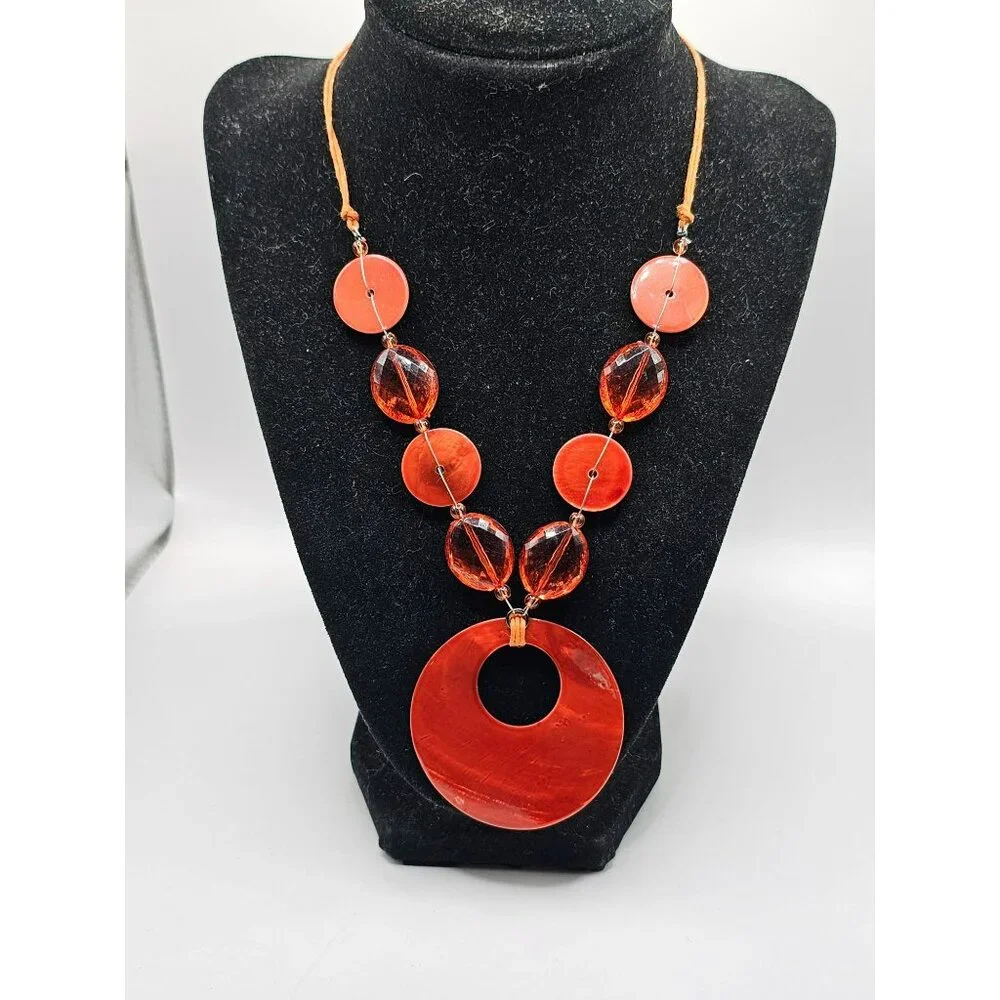 Handmade Red Shell &‎ Crystal Beaded Necklace With Large Pendant